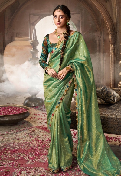 Green tissue saree with blouse 6403