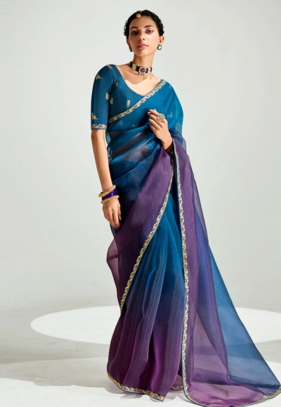 Blue organza half n half saree 2233