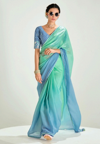 Sea green organza saree with blouse 2242