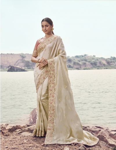 Chikoo and Baby Pink Satin silk jacquard embroidered wedding saree 8607