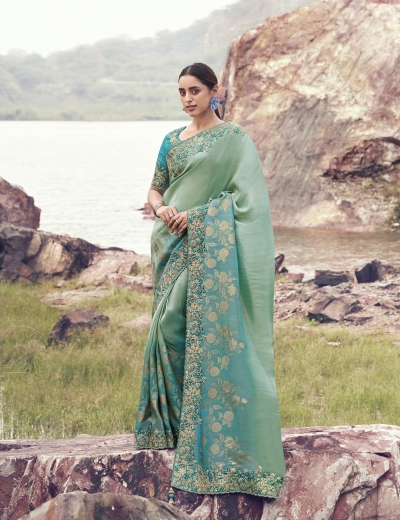 Sky blue green shaded Bagalpuri silk jacquard embroidered wedding saree 8606