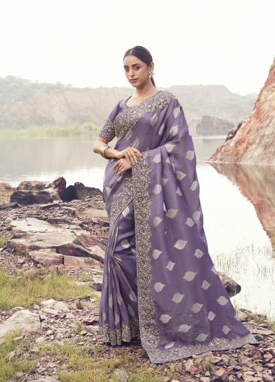 Purple tissue silk jacquard embroidered wedding saree 8603