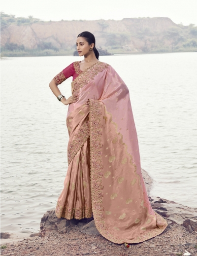 Peach Tissue silk jacquard embroidered wedding saree 8608