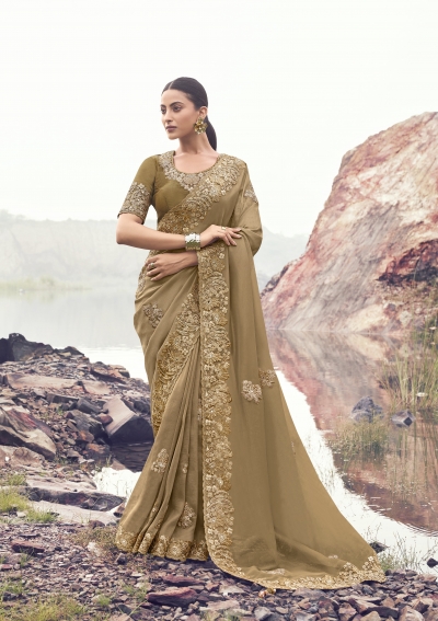 Beige Gold Banarasi silk jacquard embroidered wedding saree 8610