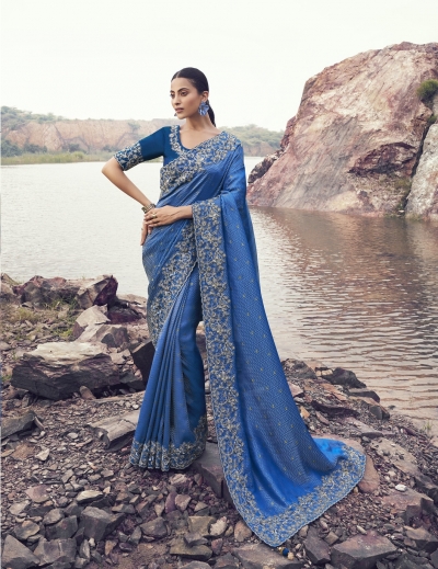 Blue Pure satin silk with jacquard embroidered wedding saree 8601