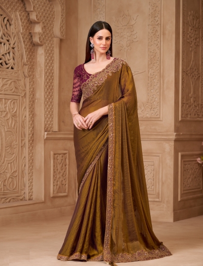 Deep Gold and Maroon twinkle satin silk embroidered saree with blouse 32015