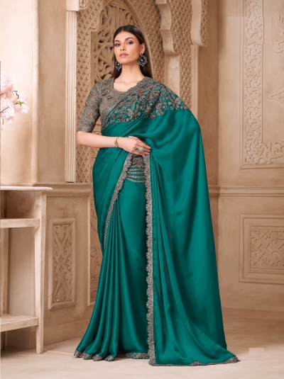 Rama green and Grey twinkle satin silk embroidered saree with blouse 32002