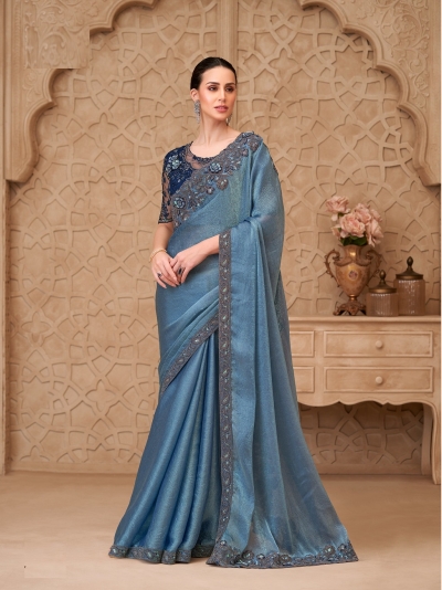 Metal blue Satin Crush georgette embroidered saree with blouse 32007