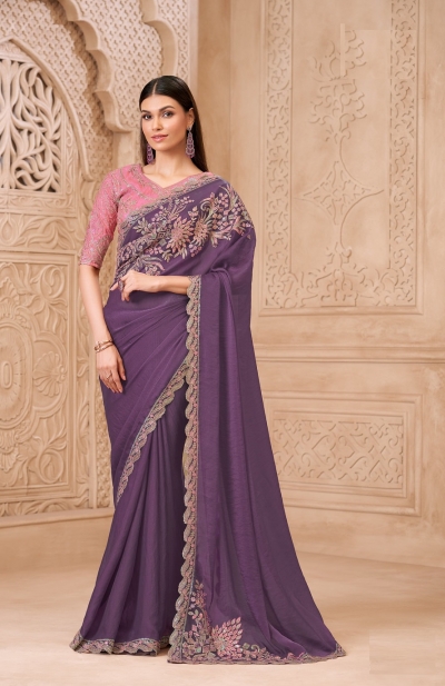 Purple and rose Soft Sparkle georgette embroidered saree with blouse 32012