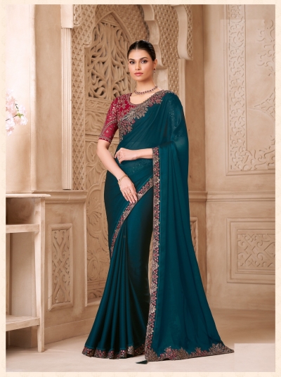 Peacock blue satin georgette embroidered saree with blouse 32018