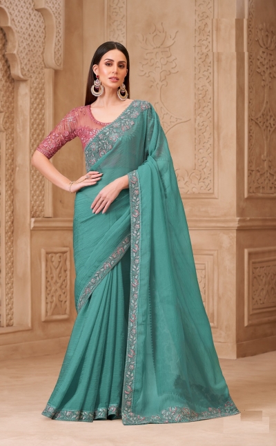 Dusty blue and rose crushed satin georgette embroidered saree with blouse 32016
