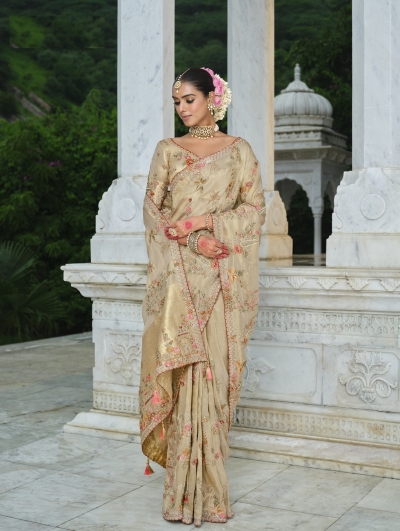 Pure smooth zari silk beige gold embroidered saree with blouse 8102