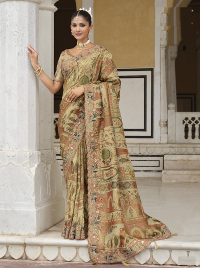Pure smooth zari silk dusty green printed and embroidered saree with blouse 8103