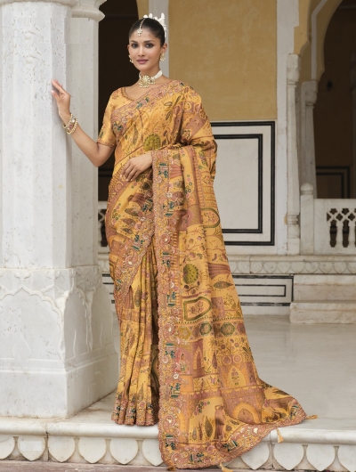 Pure smooth zari silk Mustard printed and embroidered saree with blouse 8104