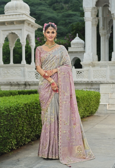 Pure smooth zari silk Shaded Peach grey embroidered saree with blouse 8107