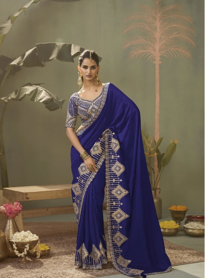 Royal Blue color bamber silk embroidered gota patti work saree with blouse 8104