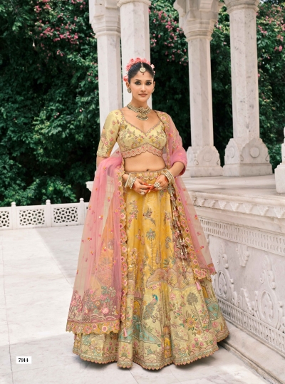 Mustard Yellow and peach Ziraf Viscous Silk sembroidered wedding lehenga choli 7914