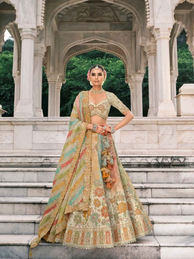 Beige and green Ziraf Viscous Silk sembroidered wedding lehenga choli 7910