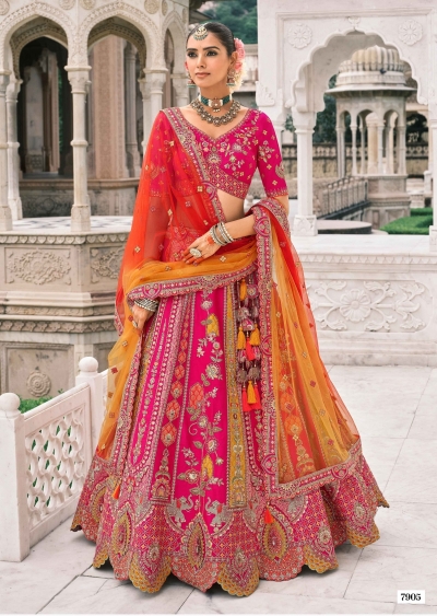 Rani Pink and Orange Raw Silk sembroidered wedding lehenga choli 7905