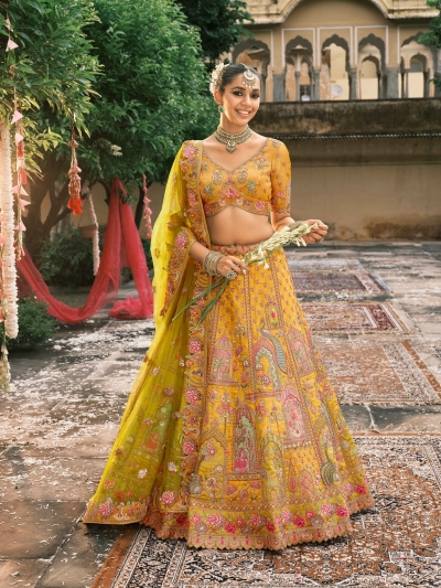 Mustard Yellow Tissue Zari sembroidered wedding lehenga choli 7904