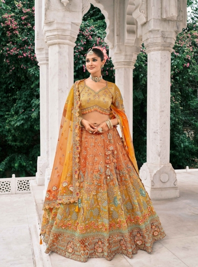 Orange and Yellow Tissue Zari sembroidered wedding lehenga choli 7901