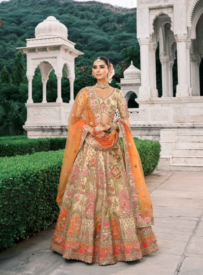 Beige Gold and Orange Tissue Zari sembroidered wedding lehenga choli 7903