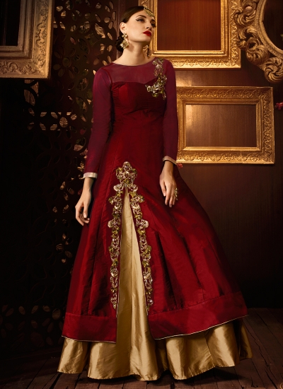 Maroon velvet heavy embroidery worked wedding gown | Gowns, Designer gowns,  Wedding gowns