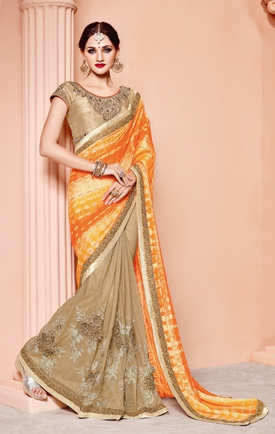 Orange and beige silk viscous wedding wear saree
