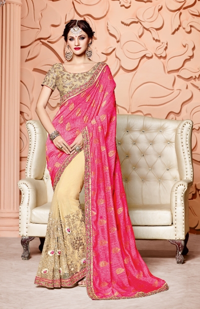 Pink and cream silk and net wedding wear saree