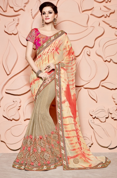 Beige and red silk viscous wedding wear saree