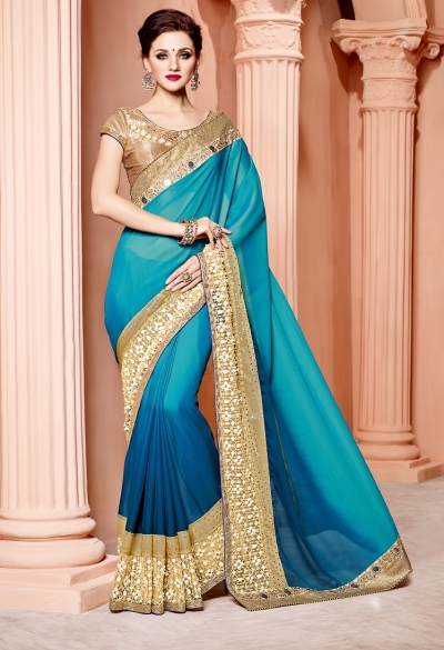 Shaded blue and gold silk wedding wear saree