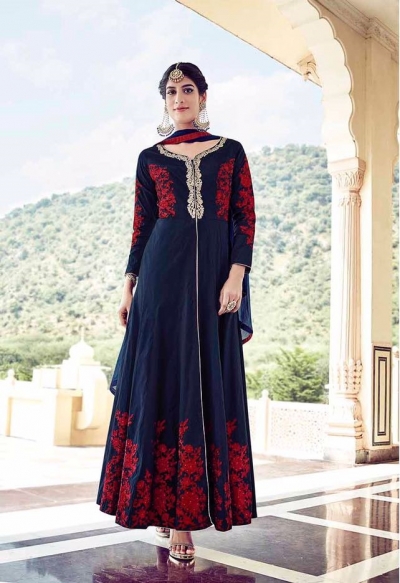 Navy blue tapeta silk party wear anarkali suit