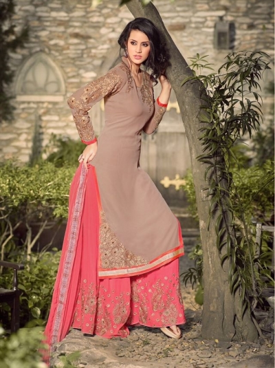Beige and pink georgette party wear palazzo kameez
