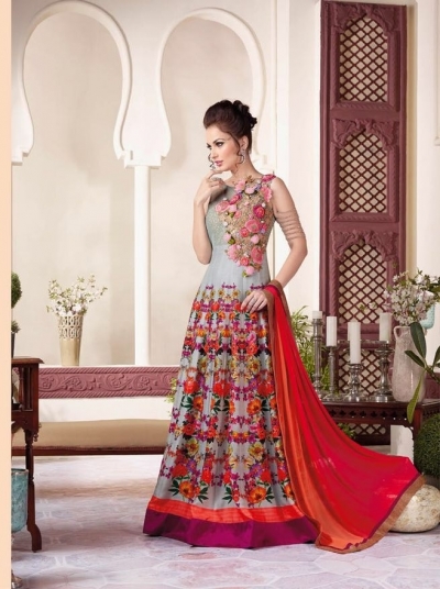 Grey raw silk party wear salwar kameez