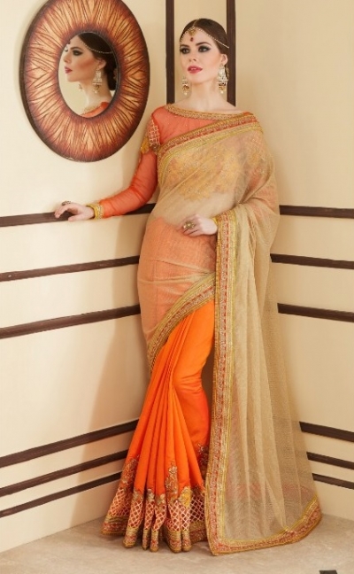 Beige and orange designer party wear saree