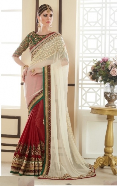 White red and green designer party wear saree