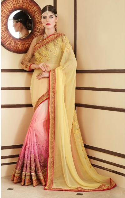 Yellow and pink designer party wear saree