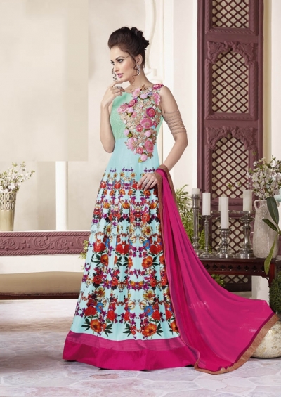 Mint green raw silk party wear salwar kameez