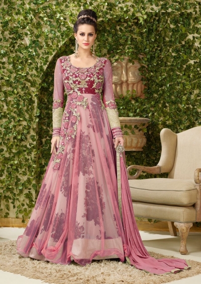Pink net and bhagulpuri print party wear anarkali