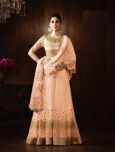 Peach color net embroidered party wear anarkali kameez