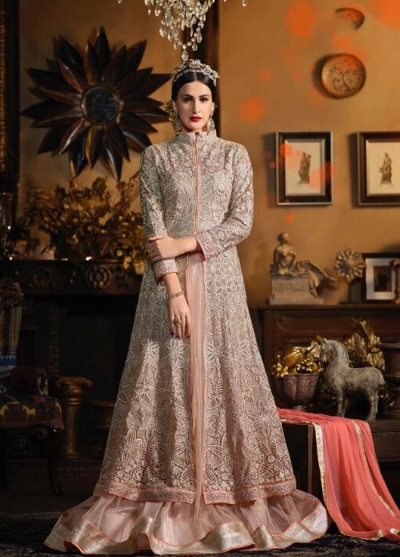Beige color netted wedding wear anarkali