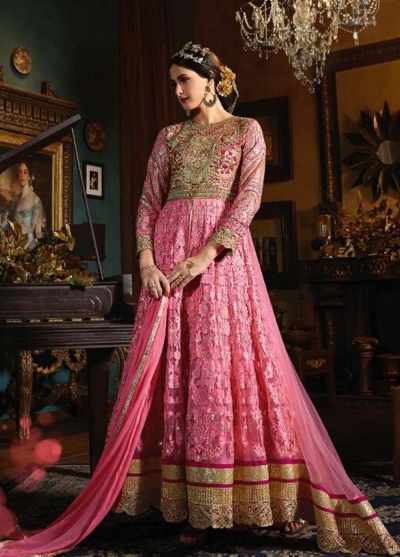 Pink color bangalori silk and net wedding wear anarkali