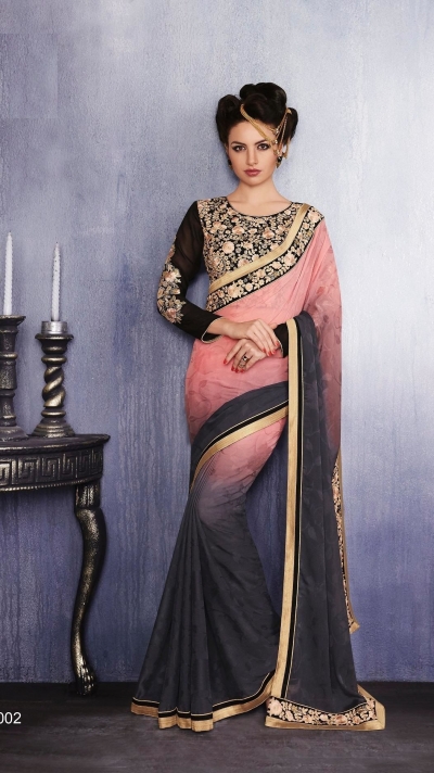 Party-wear-Pink-Charcoal-color-saree