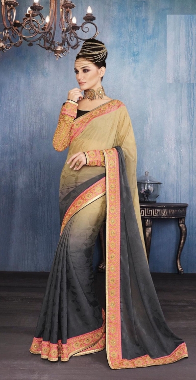 Party-wear-Beige-Charcoal-color-saree