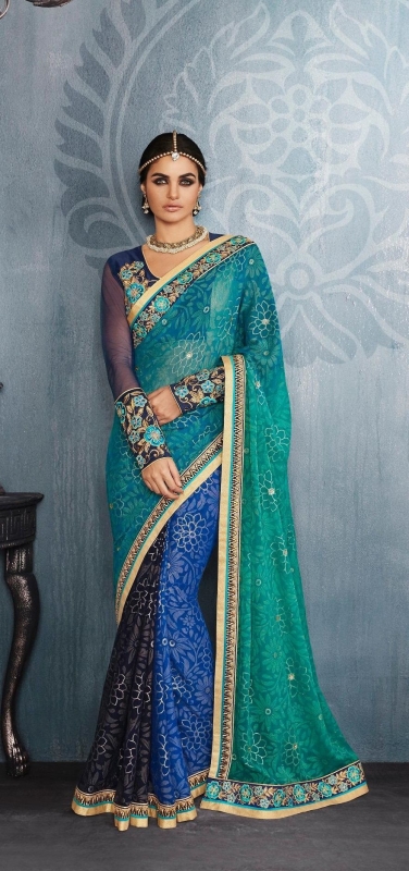 Party-wear-Blue-Pink-Green-color-saree