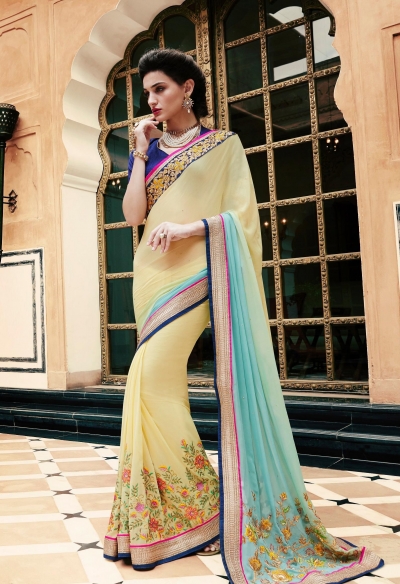 Party-wear-yellow-blue-color-saree