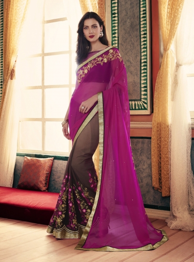 Party-wear-Magenta-Coffee-color-saree