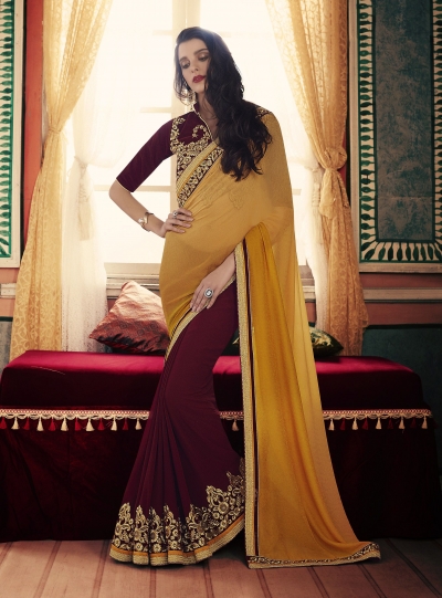 Party-wear-Wine-Mustard-color-saree