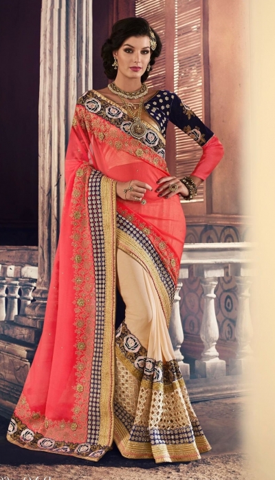 Party-wear-TomatoRed-Beige-color-saree