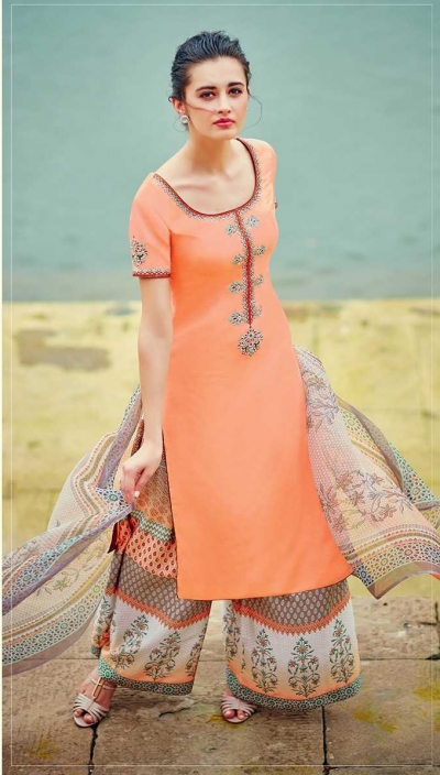 Orange color cotton palazzo salwar kameez